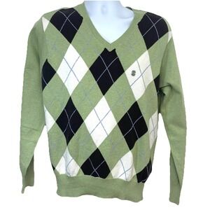 Izod Argyle V‎ Neck Sweater Men Medium Green Long Sleeve 100% Cotton Preppy Work